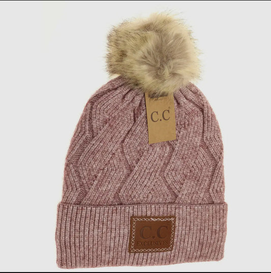 Geometric Knit Faux Fur Pom Beanie Mauve