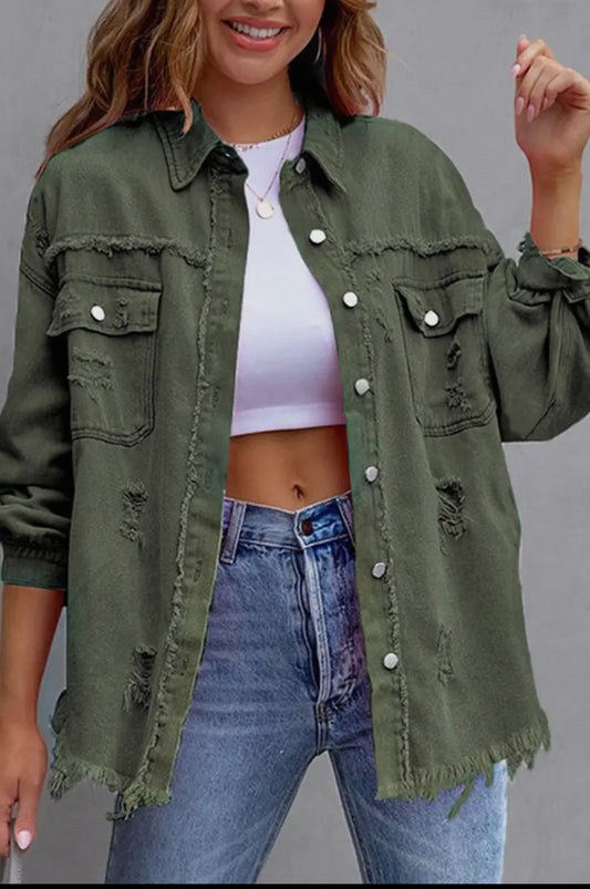 Raw Edge Solid Color Army Green Lapel Denim Jacket