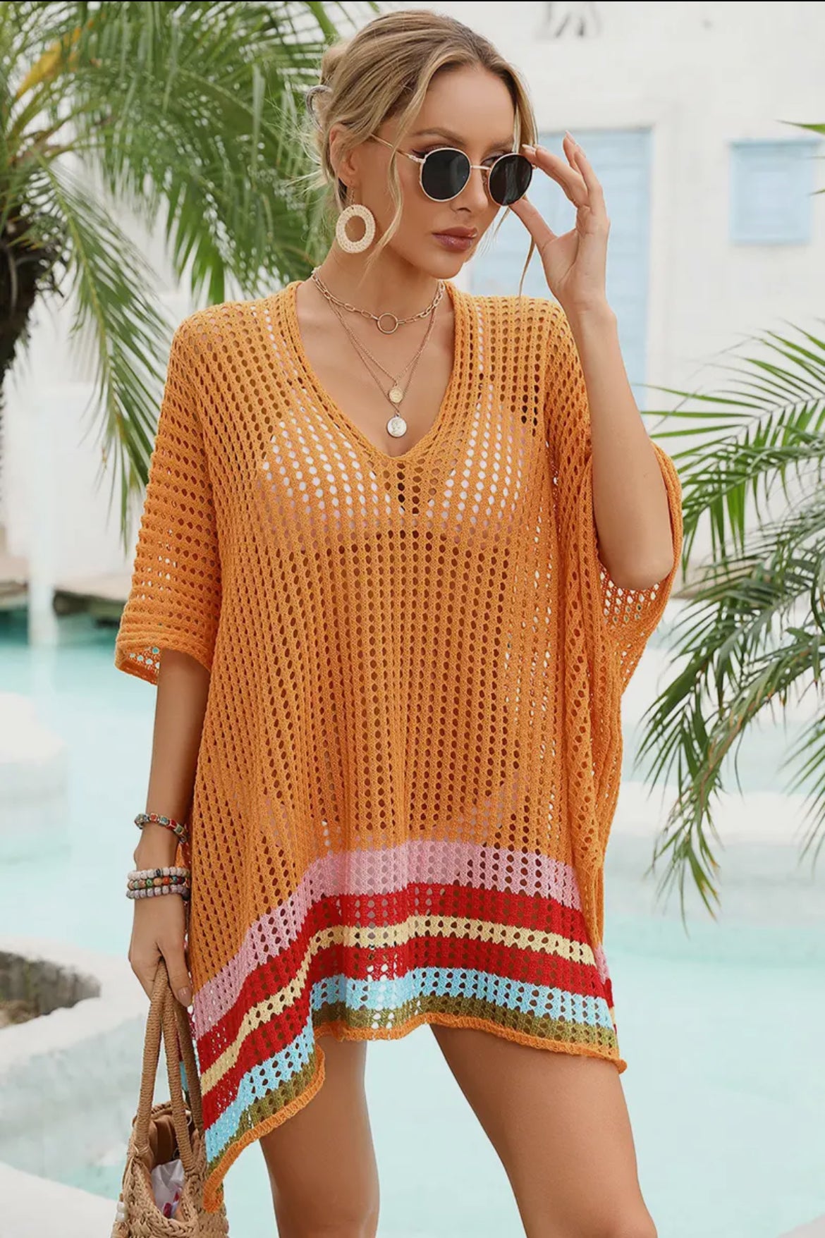 Hollow Knitted Orange Swim Pool Cover Up One Size