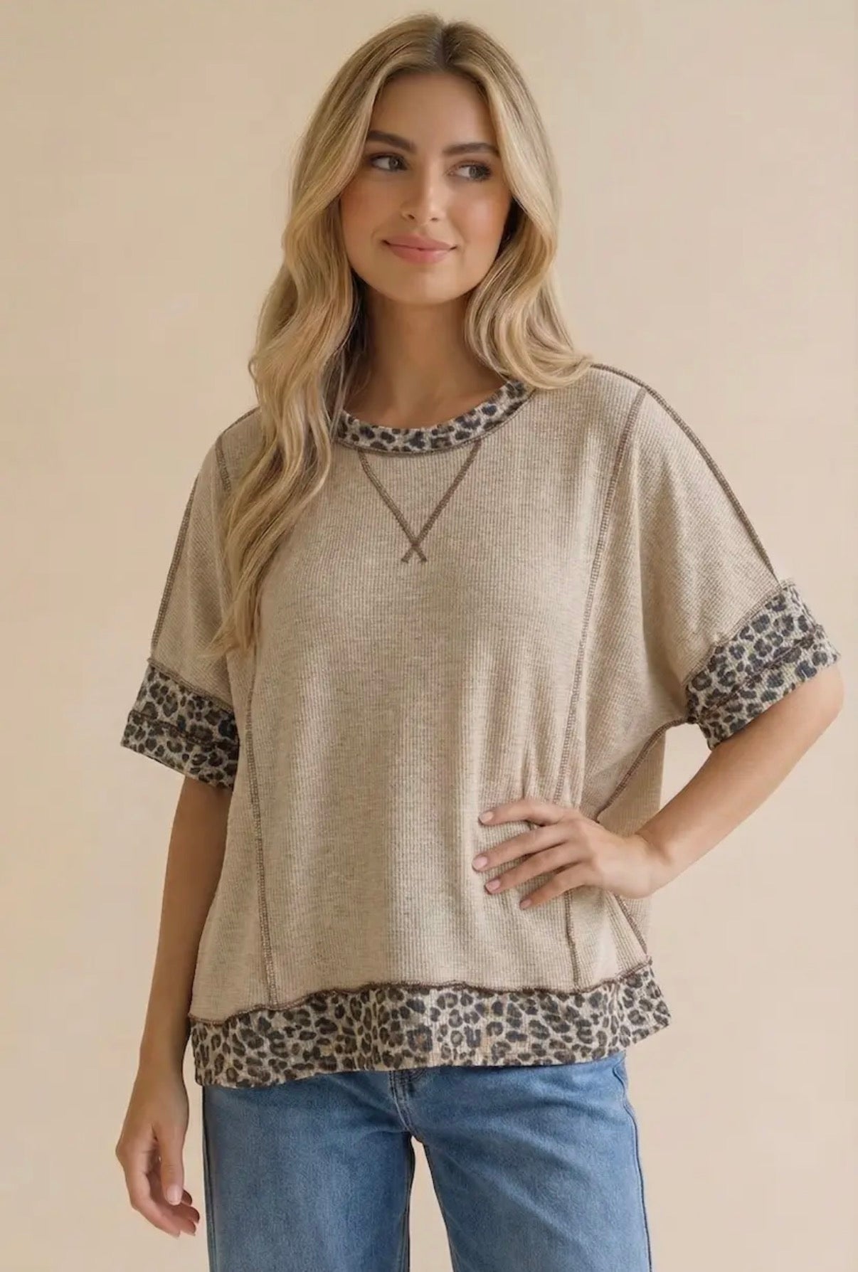 HT7694D Leopard Color Block Top Oatmeal/Taupe