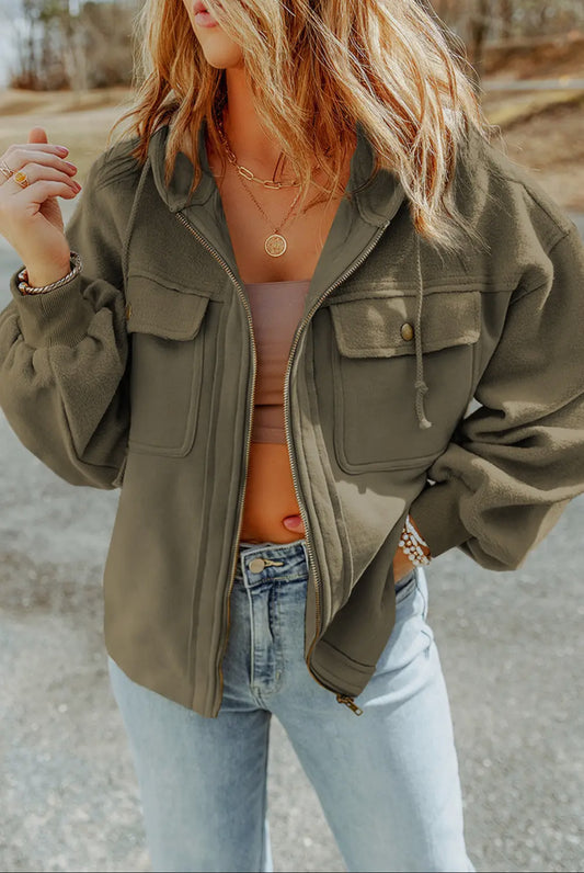 Flap Pocket Drawstring Hood Zip Up Jacket in Green and Pink