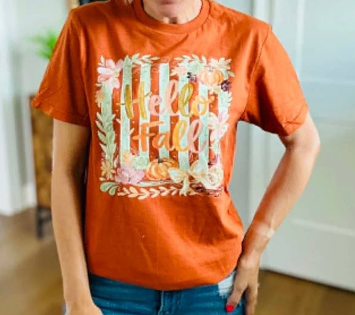 Hello Fall Pumpkin Rust Tee