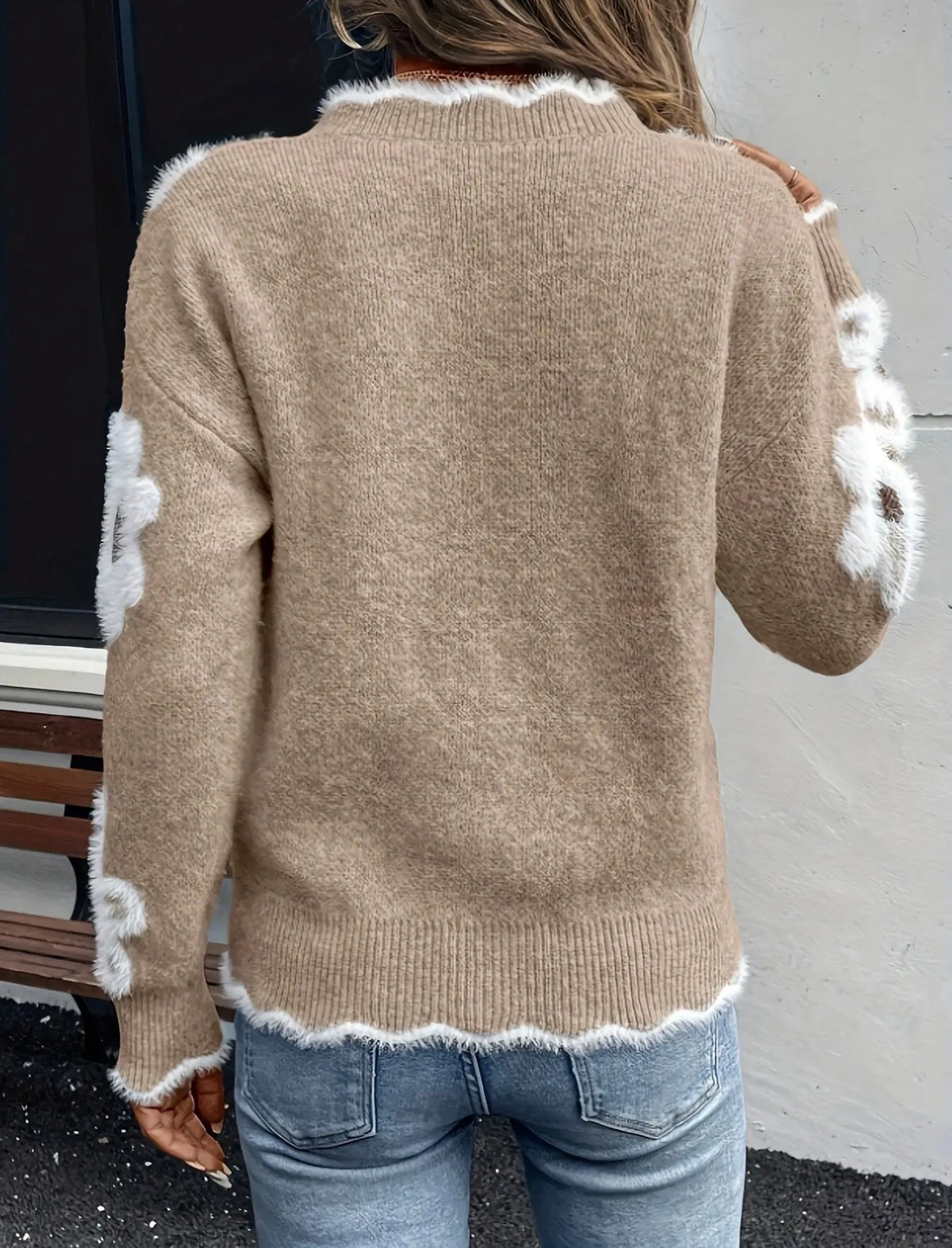 V-Neck Knitted Floral Sweater- Khaki
