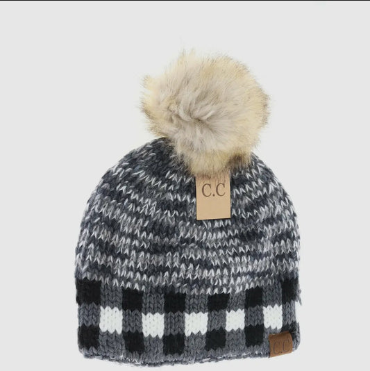 Buffalo Check Mixed Print Fur Pom Beanie Grey