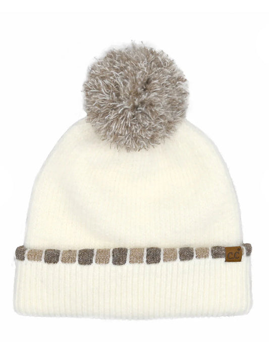 Neutral Horizontal Stripe Cuffed CC Pom Beanie Ivory