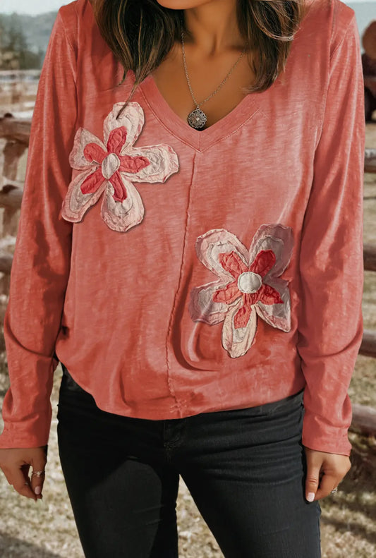 Floral Patchwork V Neck Long Sleeves Shirt