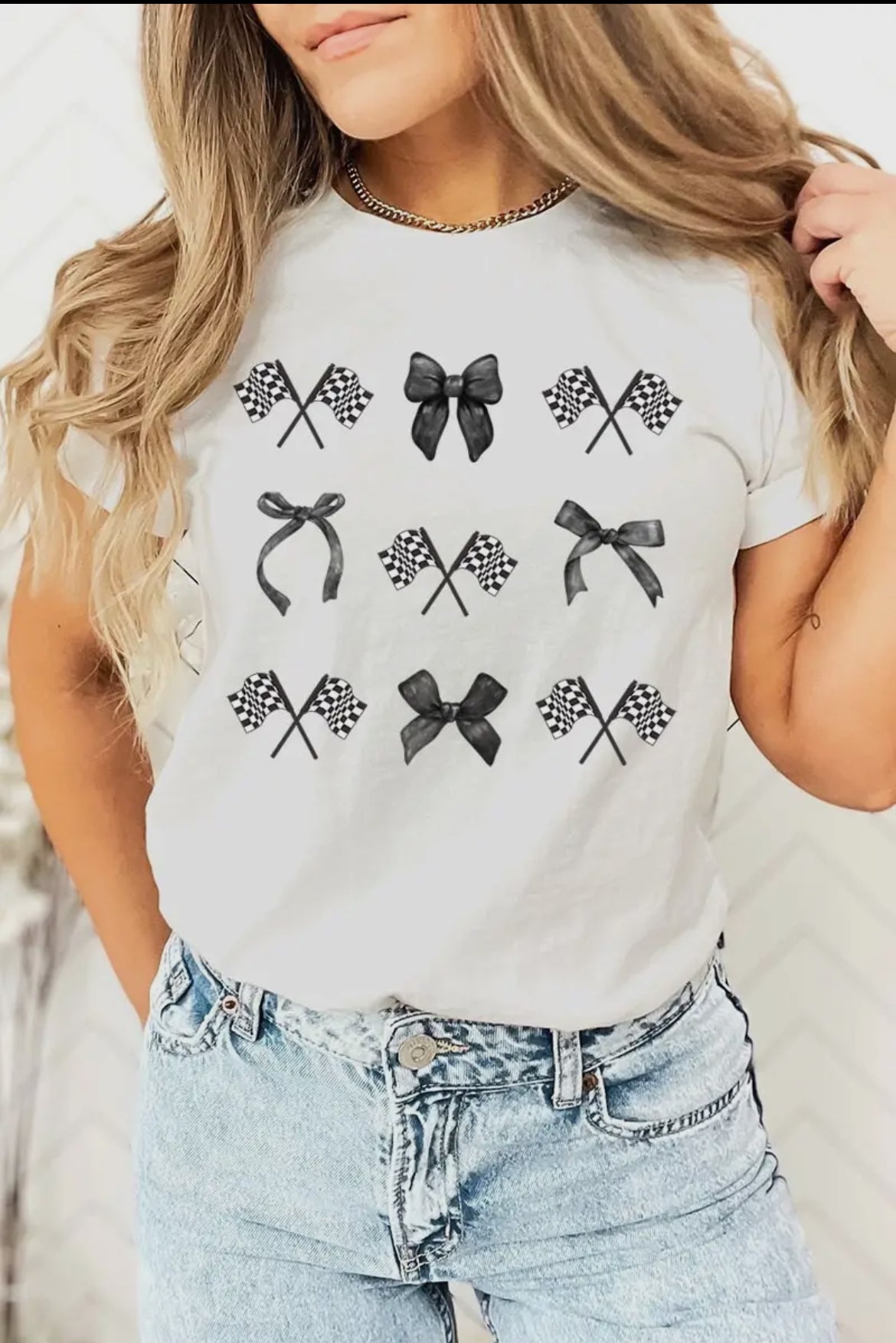 Checkered Flag  Bow White Tee