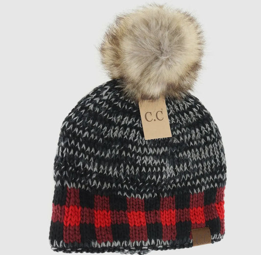 Buffalo Check Mixed Print Fur Pom Beanie Black/Red