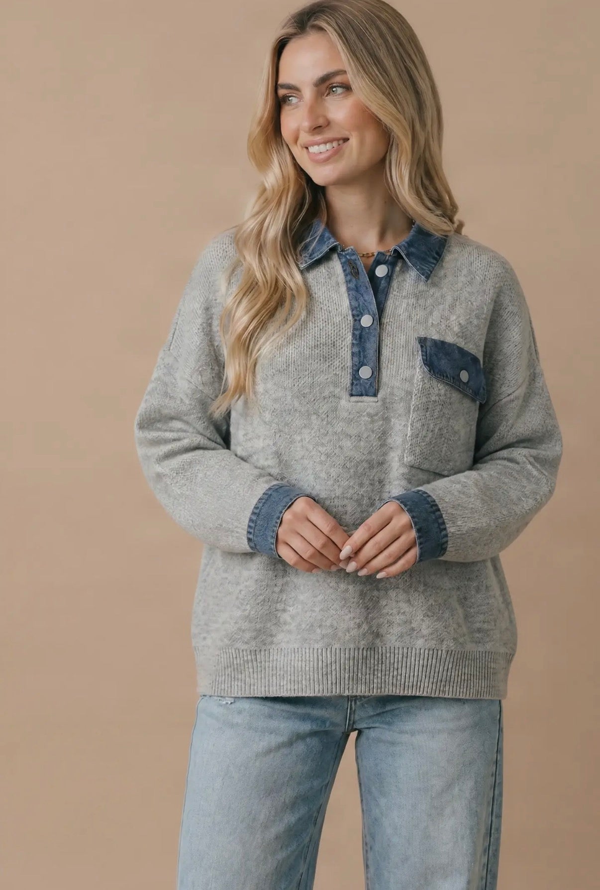 HCT7852A Denim Collar Textured Top Heather Grey