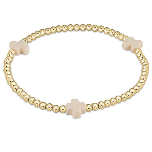 BSCGP3OW Signature Cross Gold Pattern 3mm Bead Bracelet - Off-White