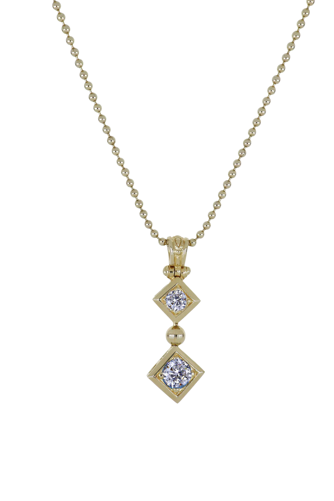 K5812-GF07 BEADED TWO STONE DIAMOND CZ NECKLACE 24" GOLD