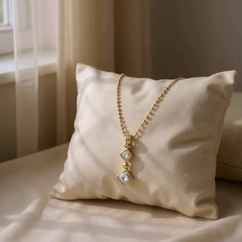 K5812-GF07 BEADED TWO STONE DIAMOND CZ NECKLACE 24" GOLD