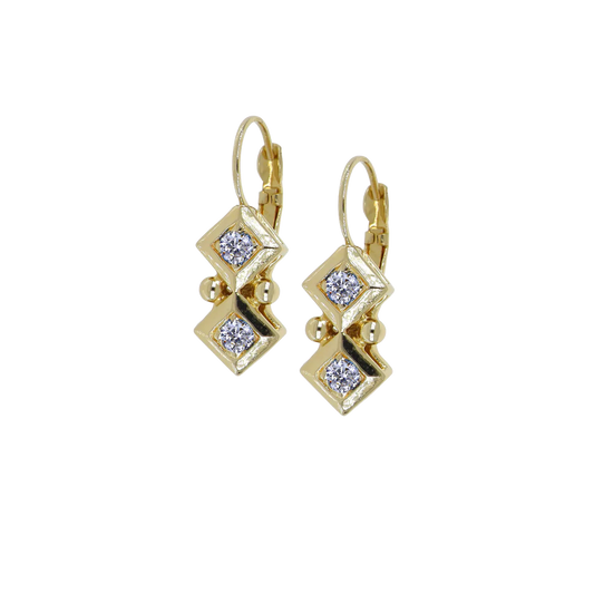 F5782-GF00 BEADED TWO STONE DIAMOND CZ FRENCH WIRE EARRING GOLD