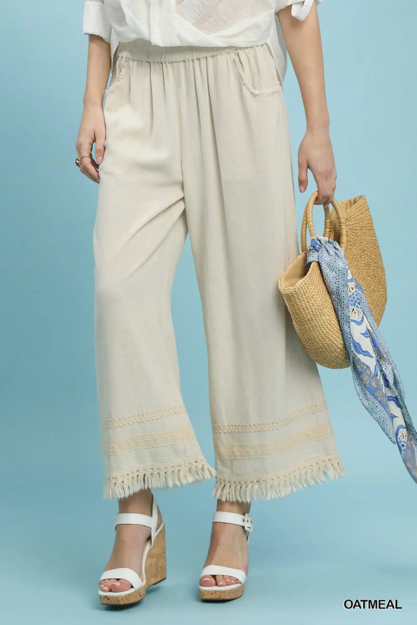 K1876 Lace Trim Fringe hem Wide Leg Pants