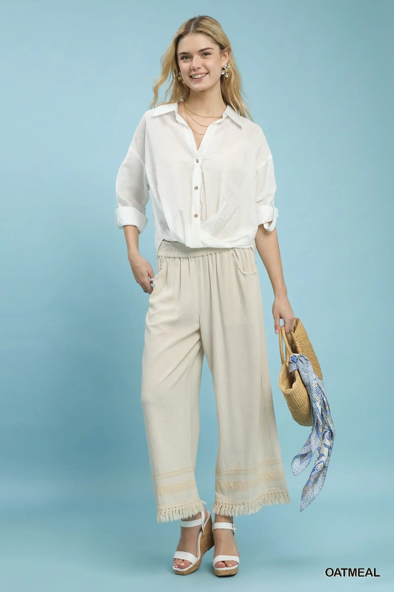 K1876 Lace Trim Fringe hem Wide Leg Pants