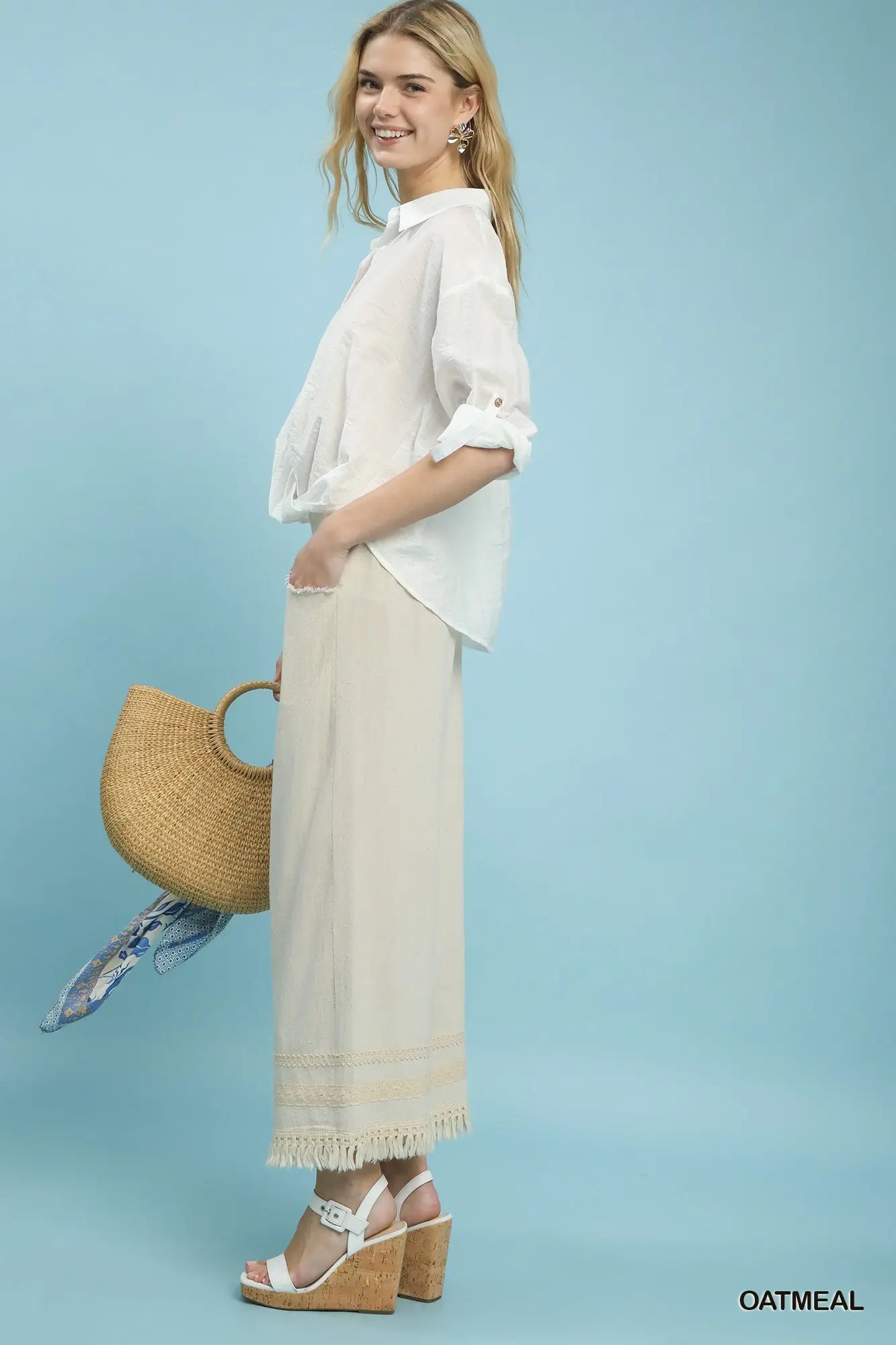 K1876 Lace Trim Fringe hem Wide Leg Pants