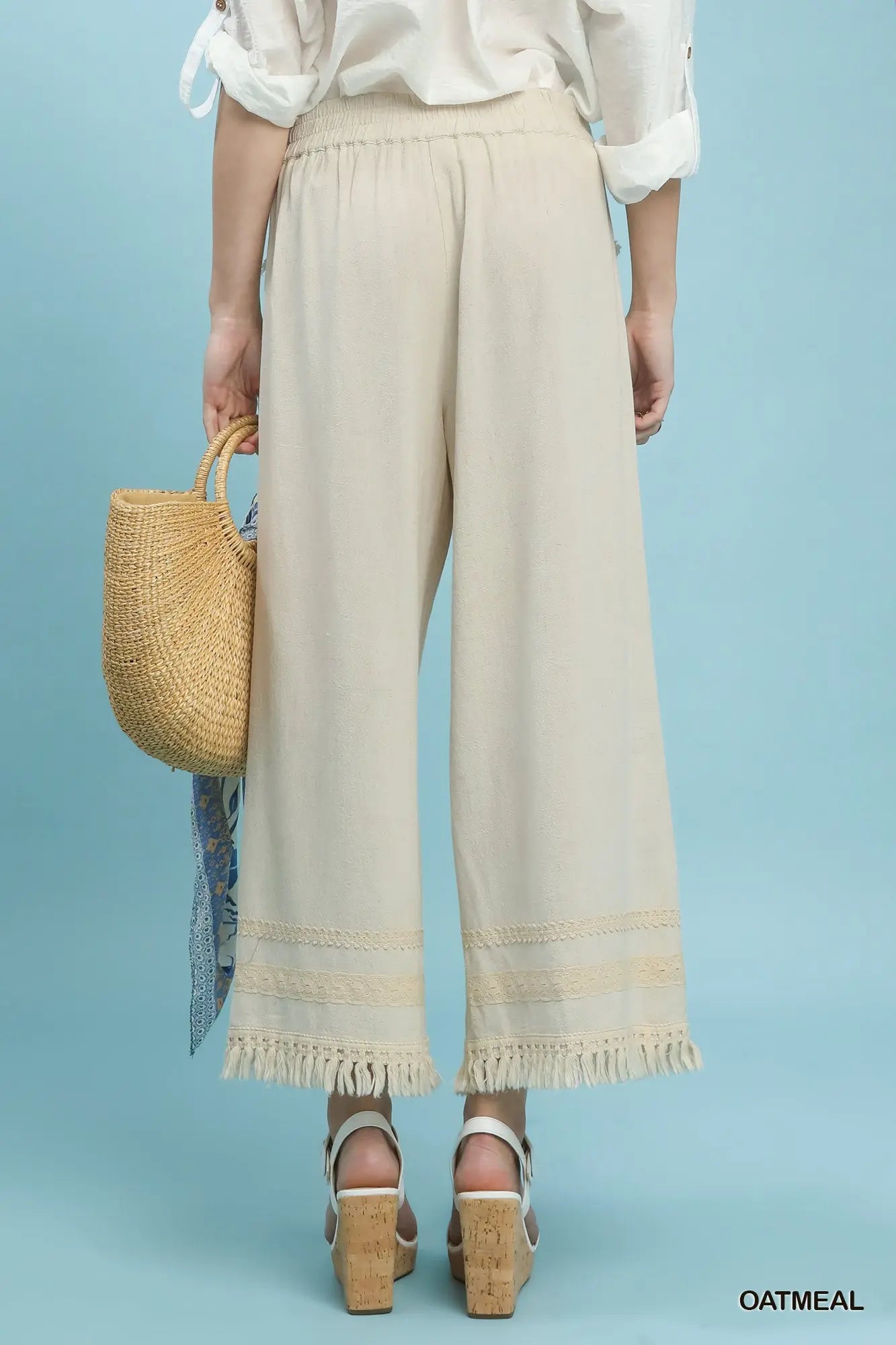 K1876 Lace Trim Fringe hem Wide Leg Pants