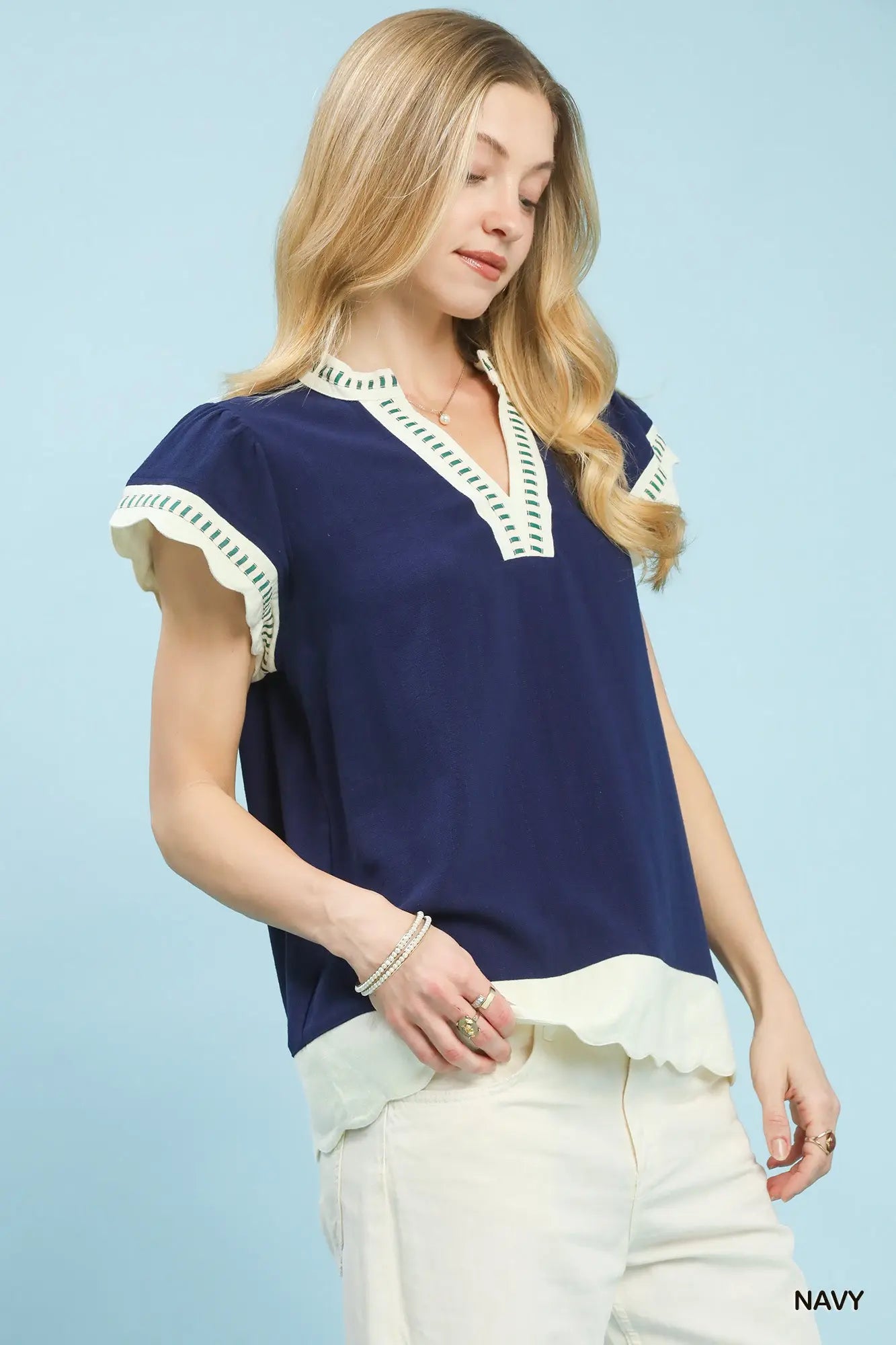 5929 Navy V-Neck Top