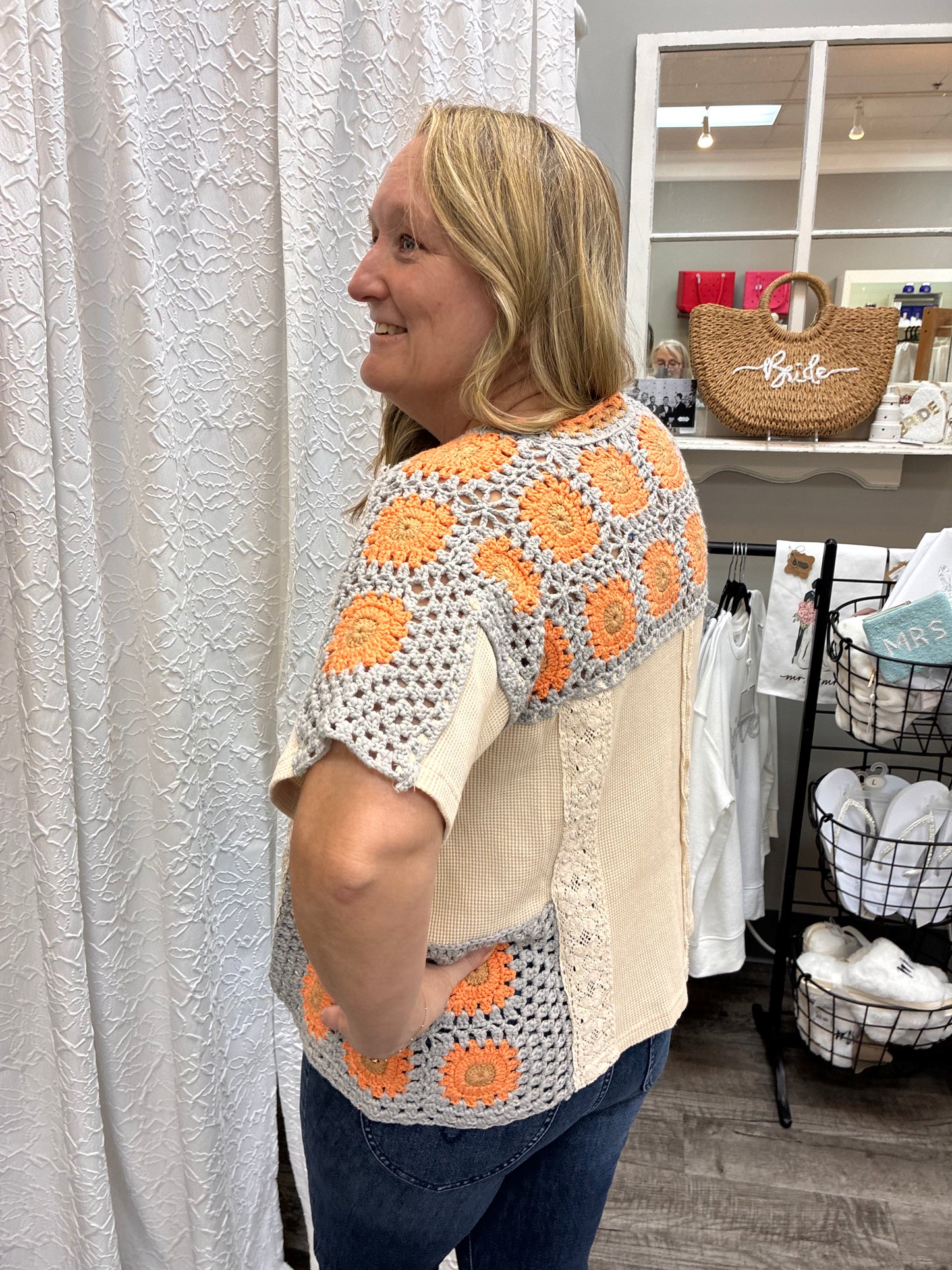 Crochet V Neck Waffle Mix Top