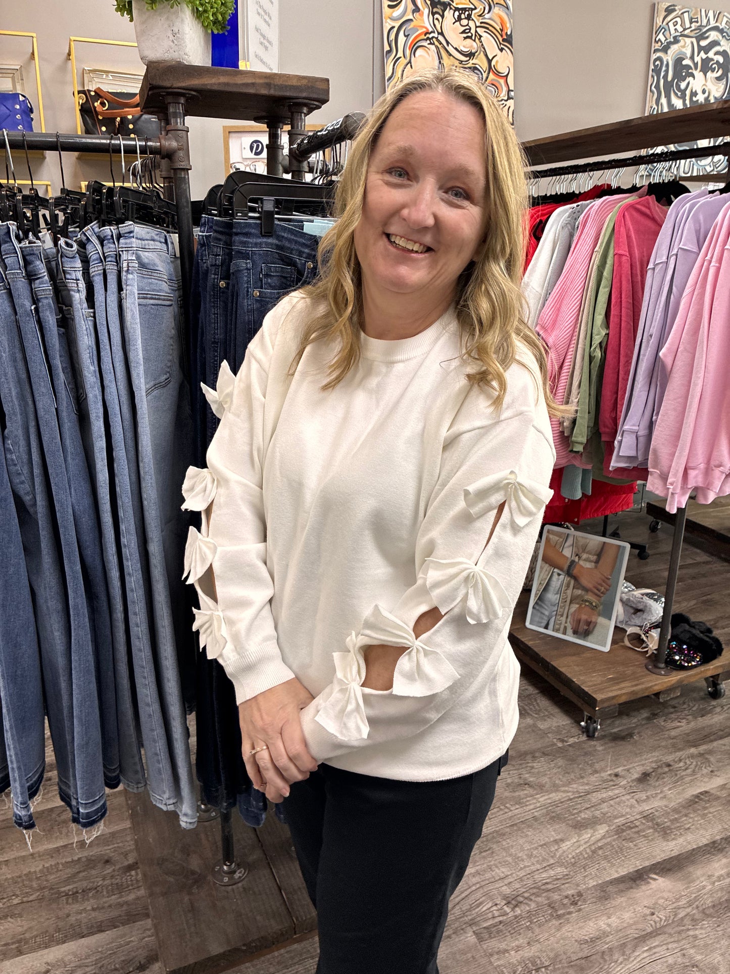 Bow Embellished Crew Neck Long Sleeve Sweater - Cream