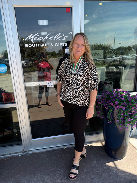 Leopard Camel Top with Colorblock V
