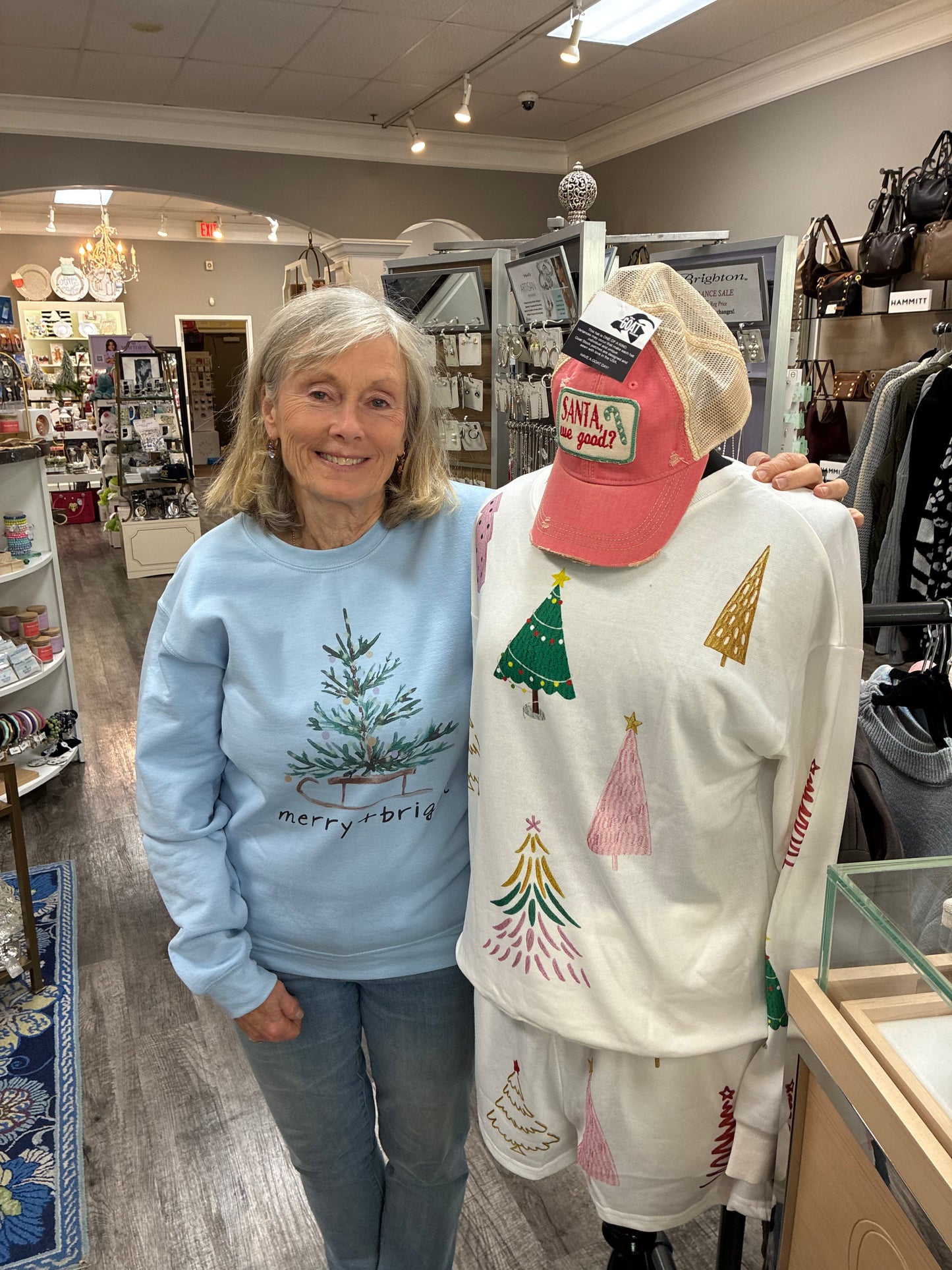 Light Blue Merry + Bright Christmas Tree on Sled Crew Sweatshirt