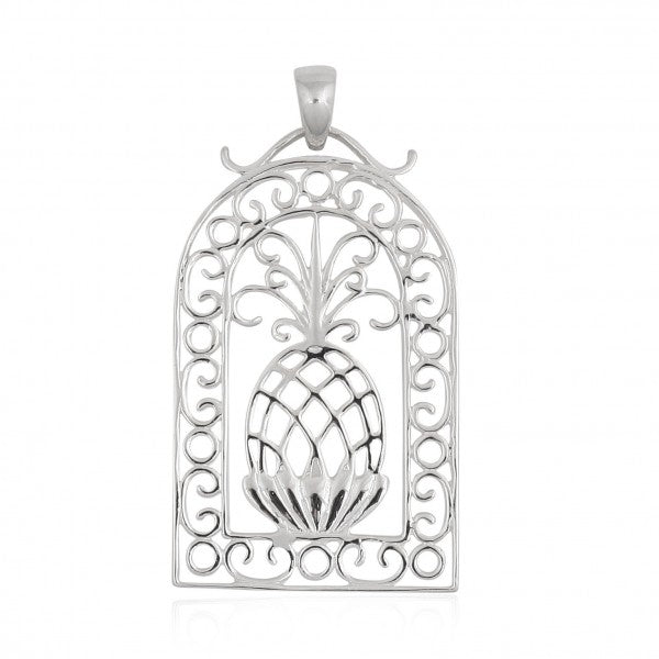P873 Southern Gates Lowcountry Scroll Framed Pineapple Pendant 39x25mm SS