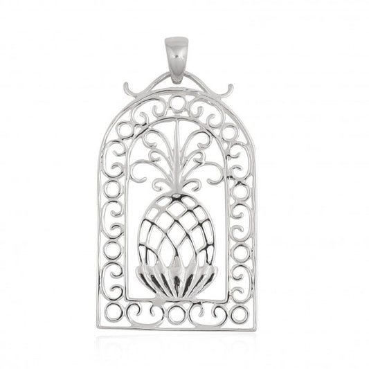 P873 Southern Gates Lowcountry Scroll Framed Pineapple Pendant 39x25mm SS