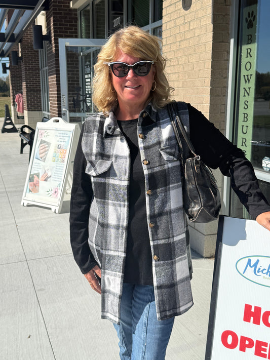 Plaid Shacket Vest with pockets, sleeveless