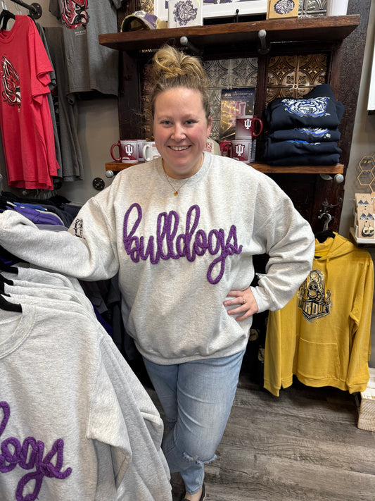 Brownsburg Grey Yarn Sweatshirt  w/ Purple Letters