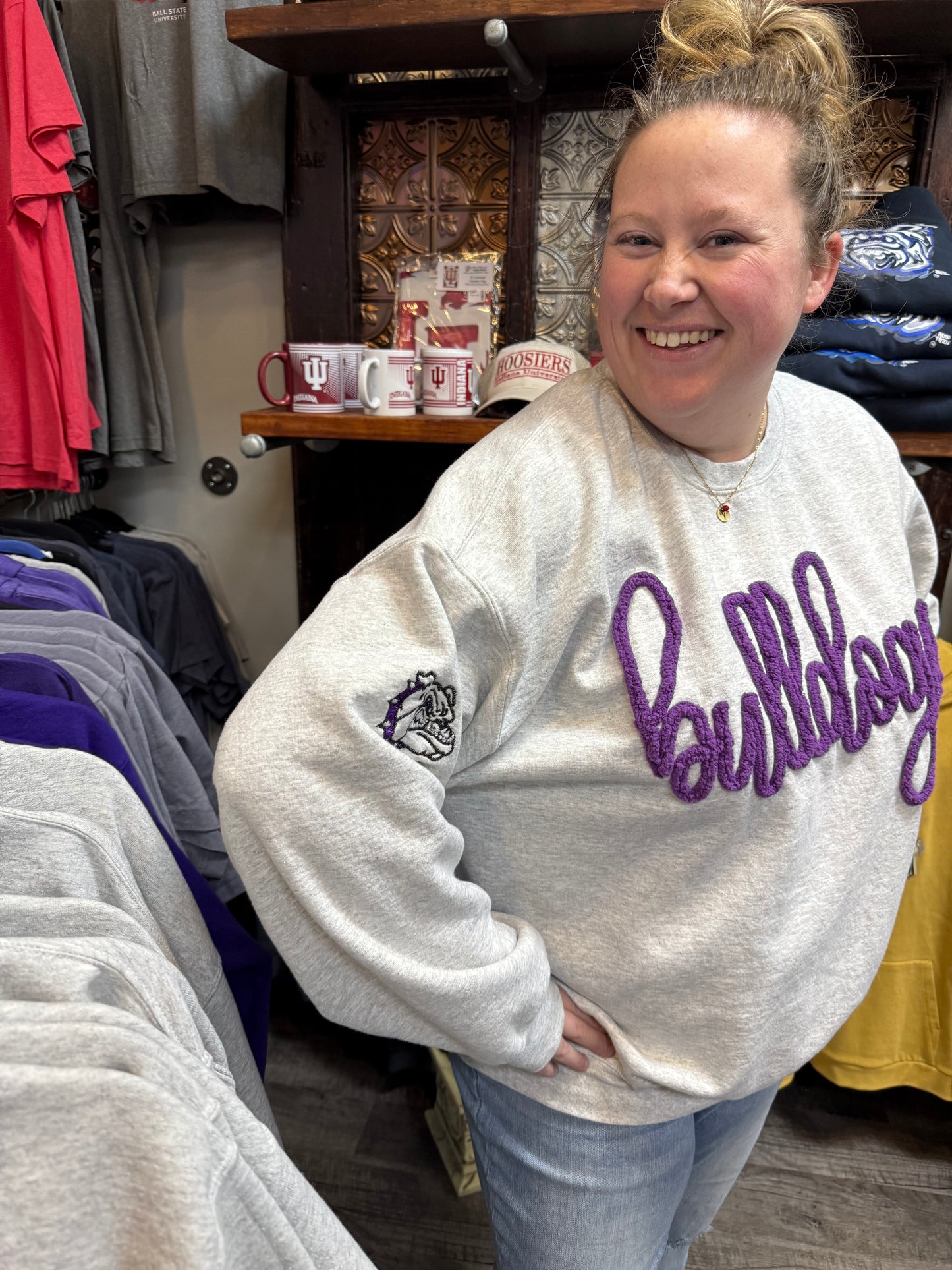 Brownsburg Grey Yarn Sweatshirt  w/ Purple Letters
