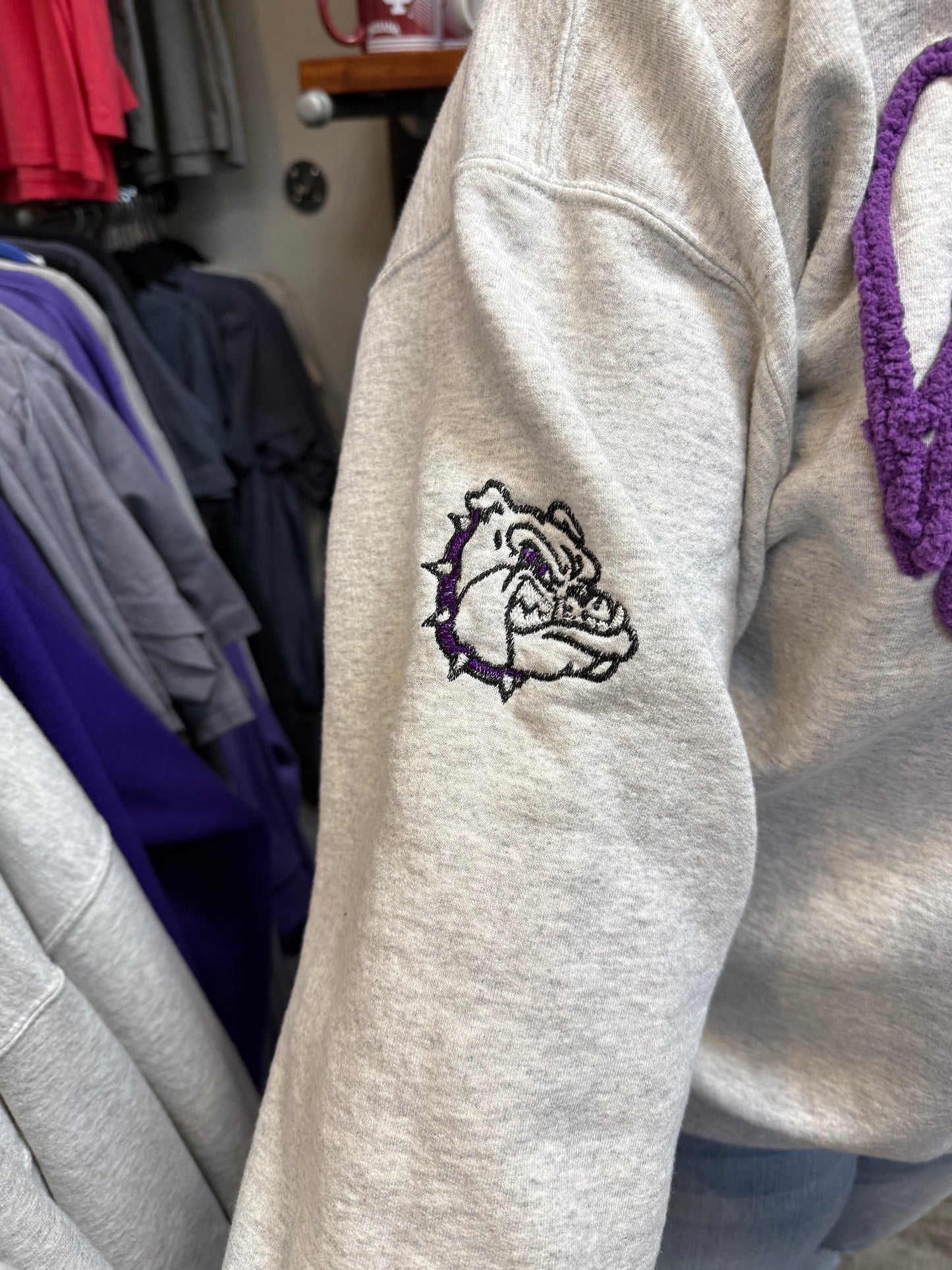 Brownsburg Grey Yarn Sweatshirt  w/ Purple Letters