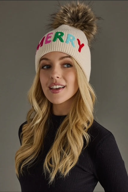 Beige Merry Knit Pom Hat