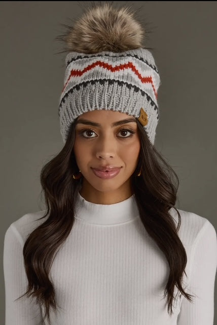 Gray, Red, & White Patterned Pom Hat