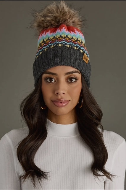 Gray & Multicolored patterned Pom Hat