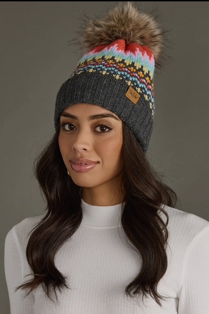 Gray & Multicolored patterned Pom Hat
