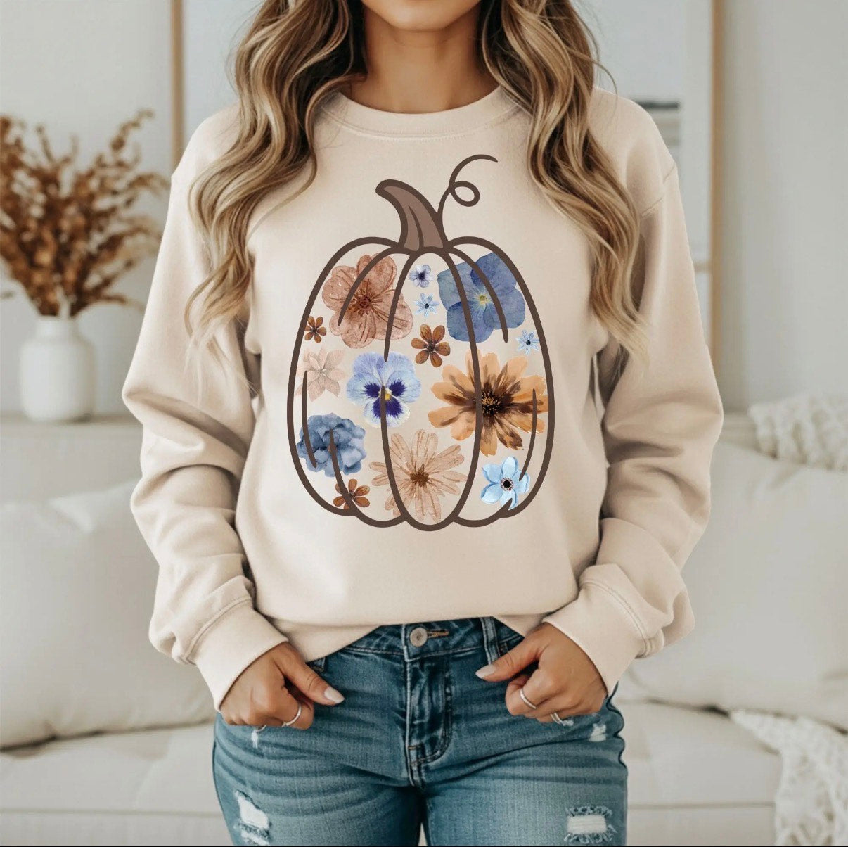 Watercolor Floral Pumpkin Sweatshirt- Sand