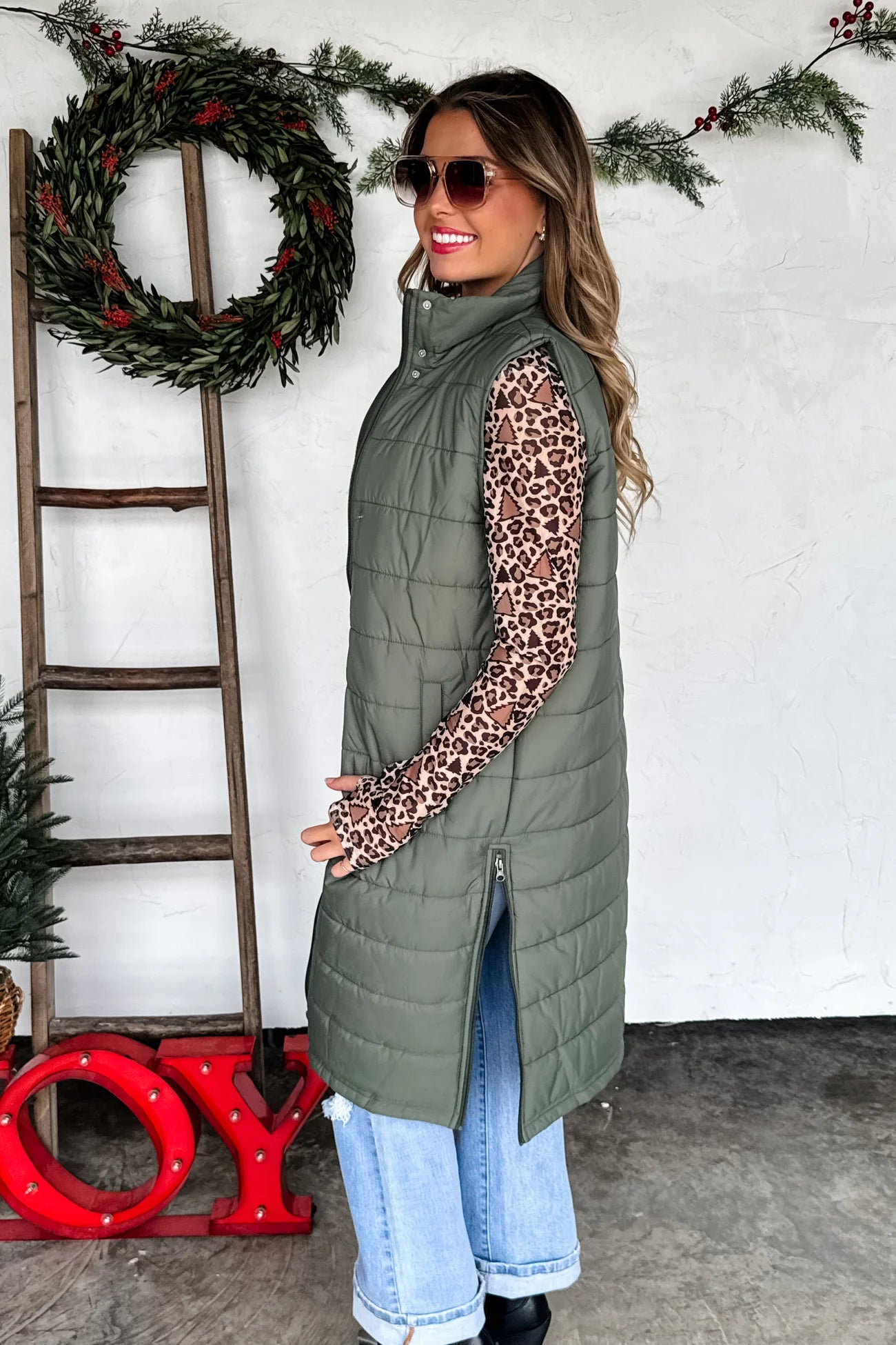 Kendall Long Puffer Vest OLIVE