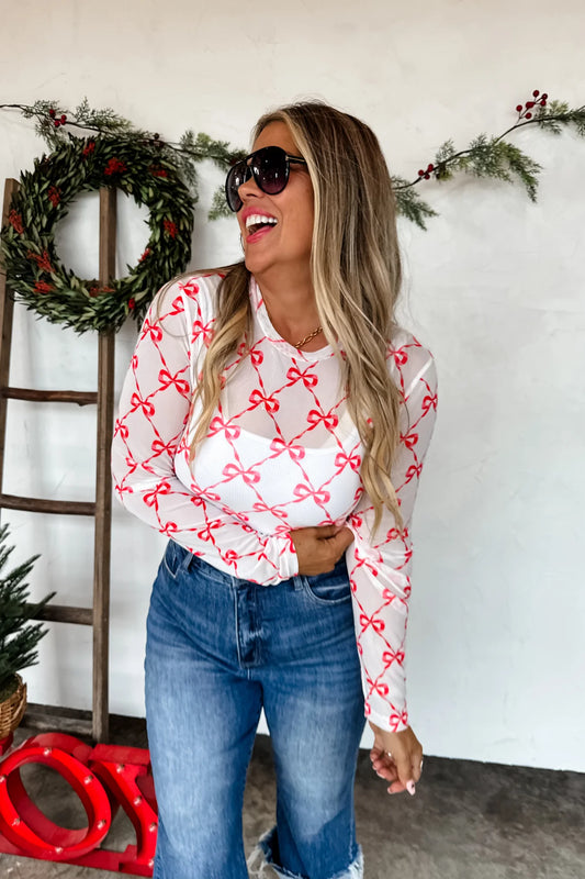 Dress it Up Mesh Top RED RIBBON BOWS