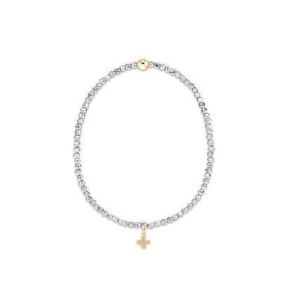 BEXSILFHEM2SCG enewton Extends - Silver Faceted Hematite 2mm Bead Bracelet - Signature Cross Gold Charm