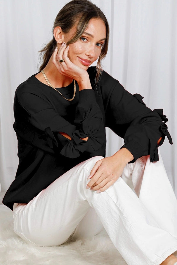Bow Embellished Crew Neck Long Sleeve Sweater - Black
