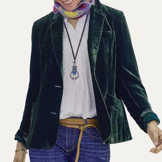 Classic Velvet Button Blazer- Dark Green