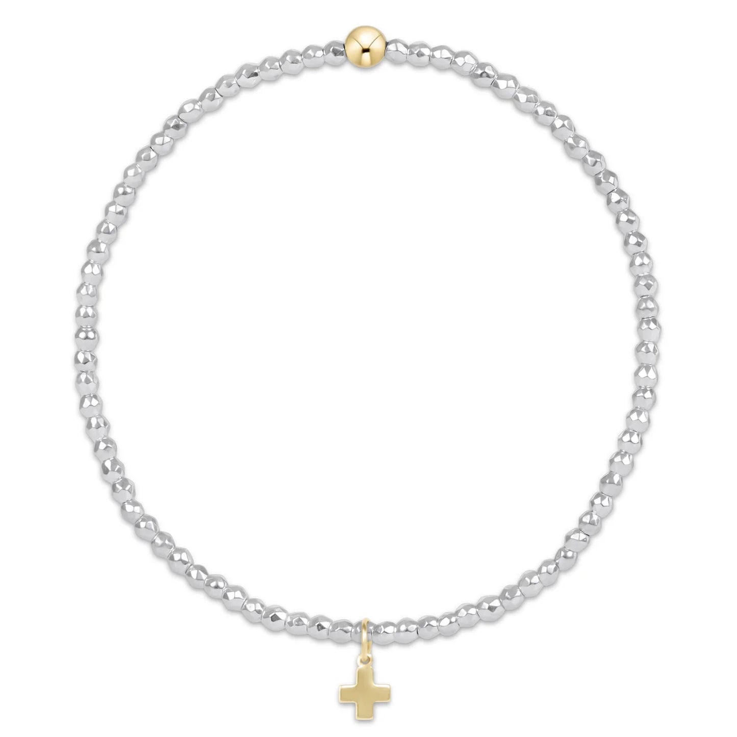 BBRSILFHEM2SCG Bright Silver Faceted Hematite 2mm Bead Bracelet - Signature Cross Gold Charm