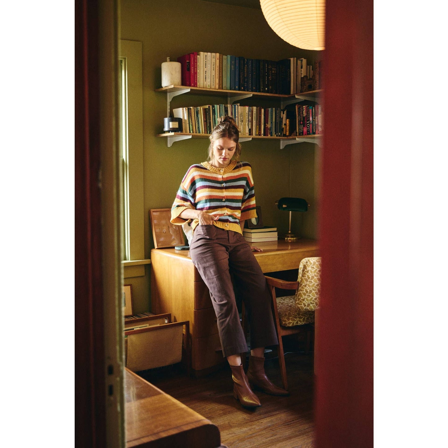 MAPLE STREET RICH MUSTARD BUTTON-DOWN STRIPE CARDIGAN