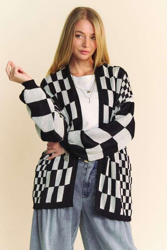 Light Weight  Blk/Wh Checkerboard Cardigan