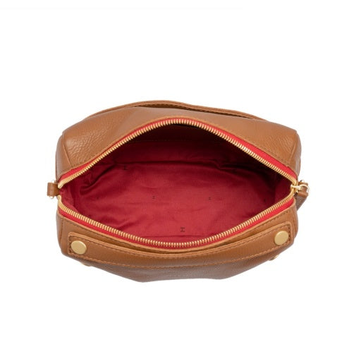Evan Crossbody Small Mahogany Pebble Brushed Gold Red Zipper