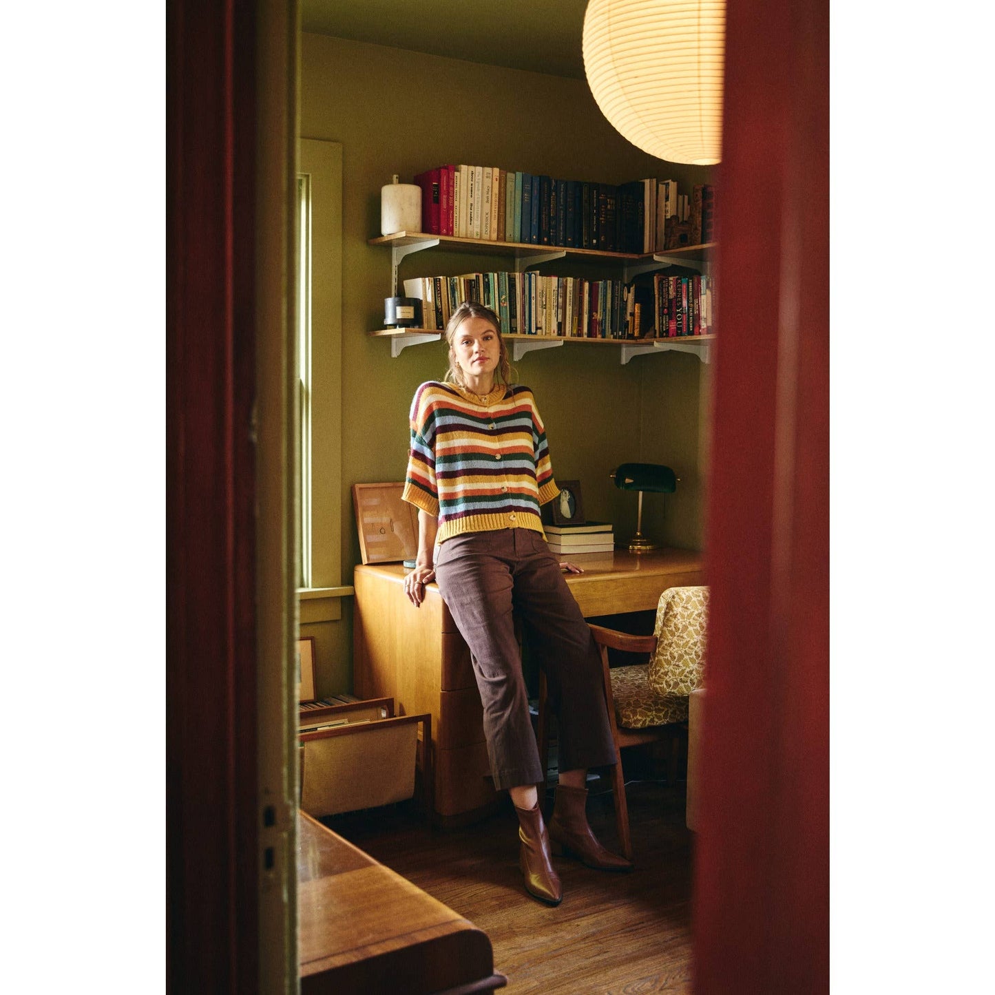 MAPLE STREET RICH MUSTARD BUTTON-DOWN STRIPE CARDIGAN