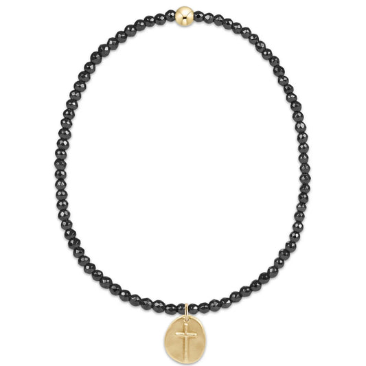 BFHEM2INSSMG Faceted Hematite 2mm Bead Bracelet - Inspire Small Gold Charm