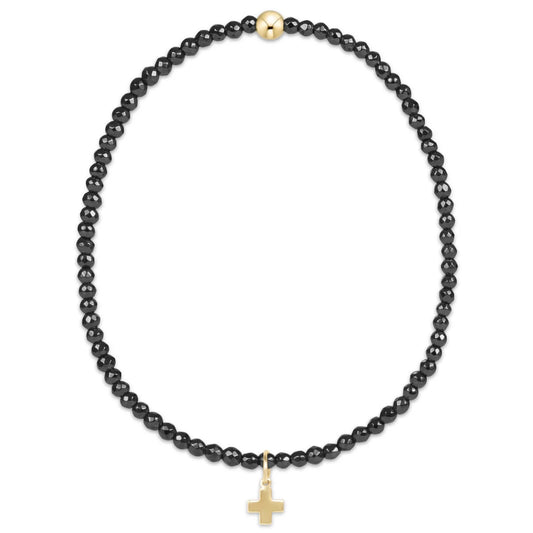 BFHEM2SCG Faceted Hematite 2mm Bead Bracelet - Signature Cross Gold Charm