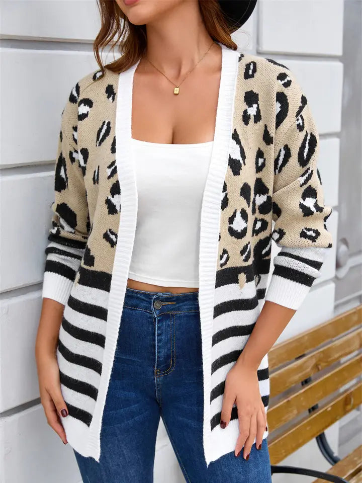 Leopard Stripe Open Front Cardigan Tan